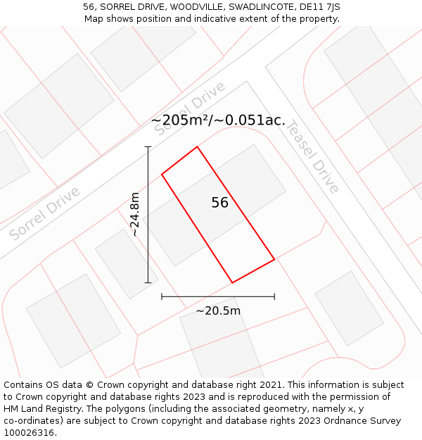 56, SORREL DRIVE, WOODVILLE, SWADLINCOTE, DE11 7JS: Plot and title map