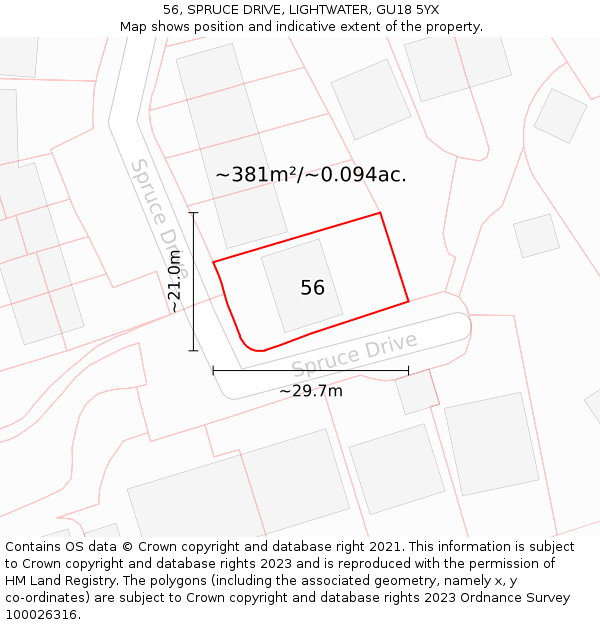 56, SPRUCE DRIVE, LIGHTWATER, GU18 5YX: Plot and title map