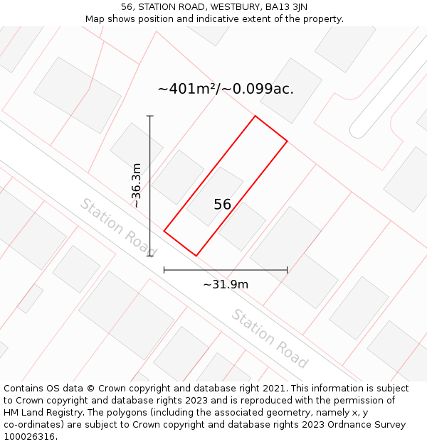 56, STATION ROAD, WESTBURY, BA13 3JN: Plot and title map