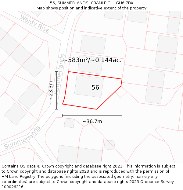 56, SUMMERLANDS, CRANLEIGH, GU6 7BX: Plot and title map