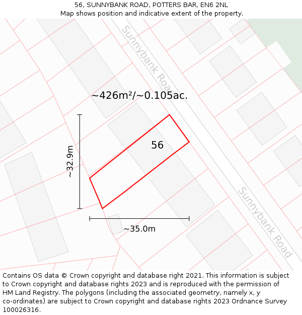 56, SUNNYBANK ROAD, POTTERS BAR, EN6 2NL: Plot and title map