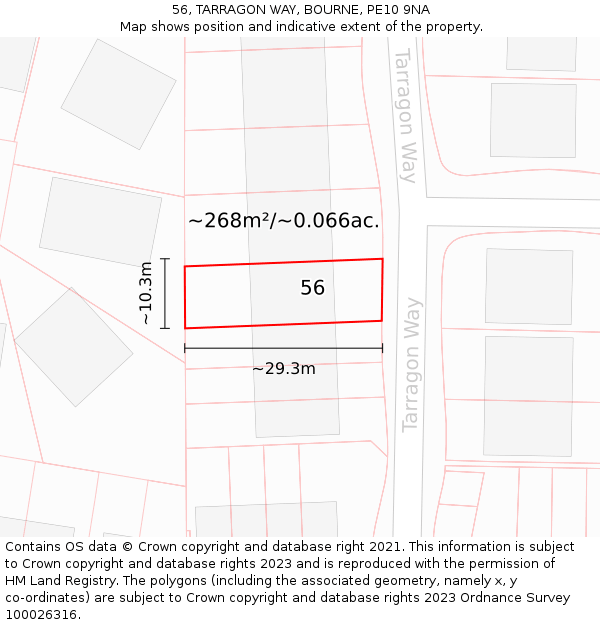 56, TARRAGON WAY, BOURNE, PE10 9NA: Plot and title map