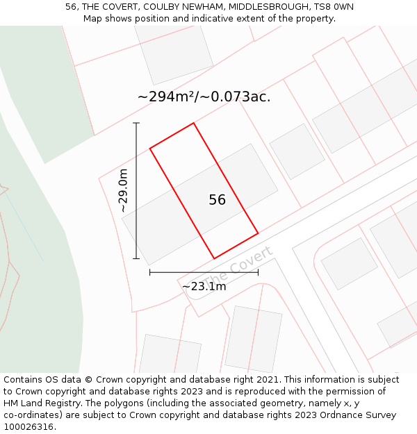 56, THE COVERT, COULBY NEWHAM, MIDDLESBROUGH, TS8 0WN: Plot and title map