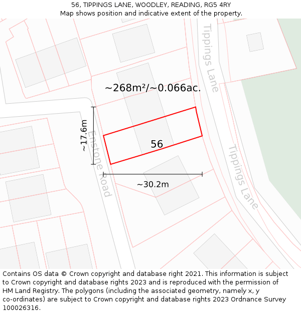 56, TIPPINGS LANE, WOODLEY, READING, RG5 4RY: Plot and title map