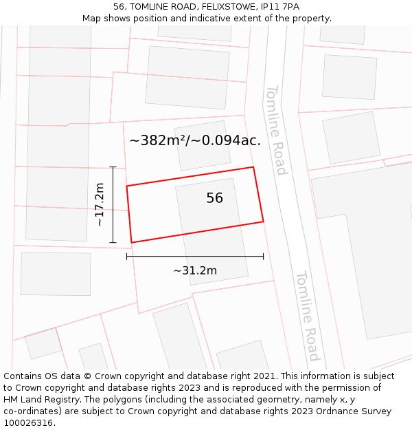 56, TOMLINE ROAD, FELIXSTOWE, IP11 7PA: Plot and title map