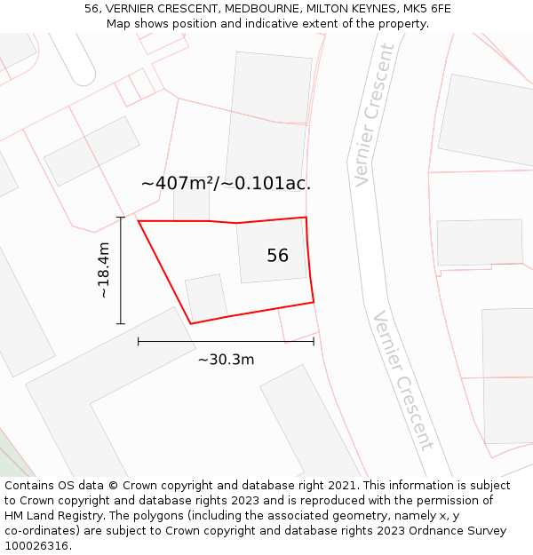 56, VERNIER CRESCENT, MEDBOURNE, MILTON KEYNES, MK5 6FE: Plot and title map