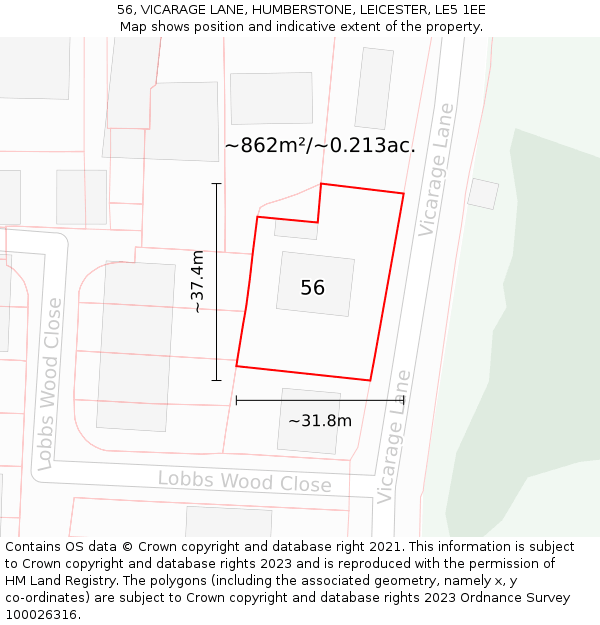56, VICARAGE LANE, HUMBERSTONE, LEICESTER, LE5 1EE: Plot and title map