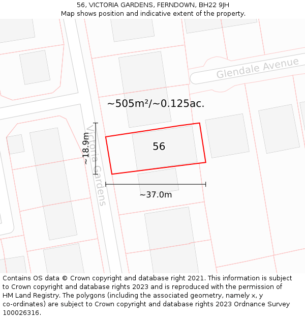 56, VICTORIA GARDENS, FERNDOWN, BH22 9JH: Plot and title map