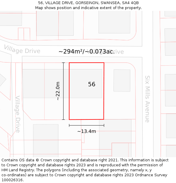 56, VILLAGE DRIVE, GORSEINON, SWANSEA, SA4 4QB: Plot and title map