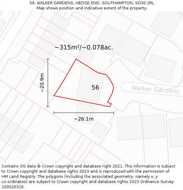 56, WALKER GARDENS, HEDGE END, SOUTHAMPTON, SO30 2RL: Plot and title map