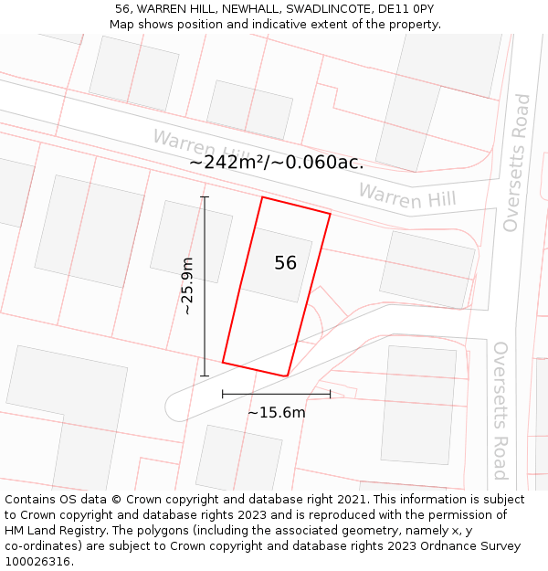 56, WARREN HILL, NEWHALL, SWADLINCOTE, DE11 0PY: Plot and title map