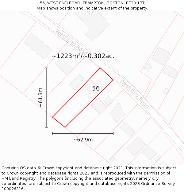 56, WEST END ROAD, FRAMPTON, BOSTON, PE20 1BT: Plot and title map