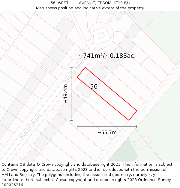 56, WEST HILL AVENUE, EPSOM, KT19 8JU: Plot and title map