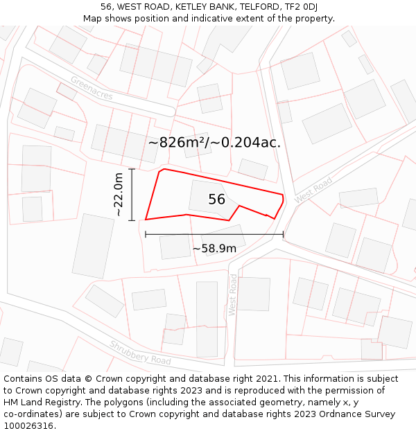 56, WEST ROAD, KETLEY BANK, TELFORD, TF2 0DJ: Plot and title map