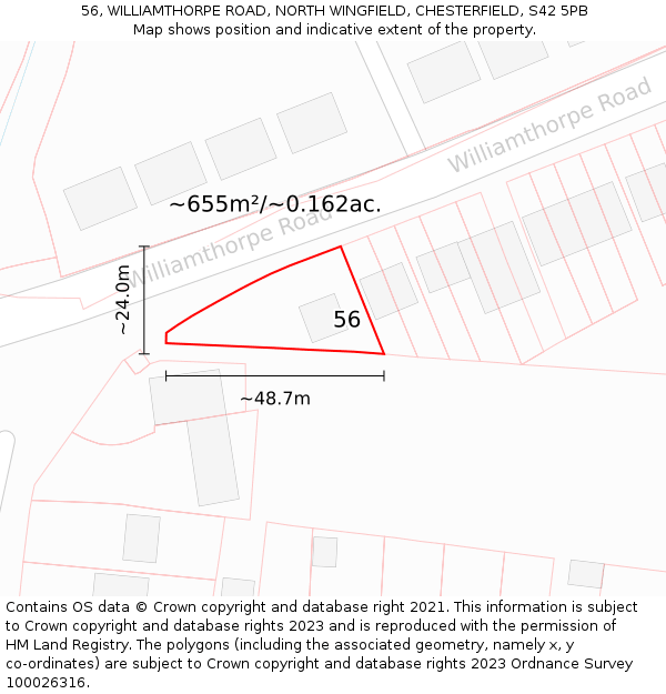 56, WILLIAMTHORPE ROAD, NORTH WINGFIELD, CHESTERFIELD, S42 5PB: Plot and title map