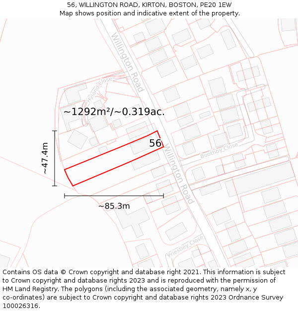 56, WILLINGTON ROAD, KIRTON, BOSTON, PE20 1EW: Plot and title map