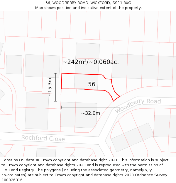 56, WOODBERRY ROAD, WICKFORD, SS11 8XG: Plot and title map