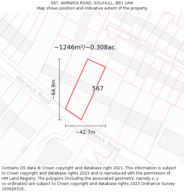 567, WARWICK ROAD, SOLIHULL, B91 1AW: Plot and title map