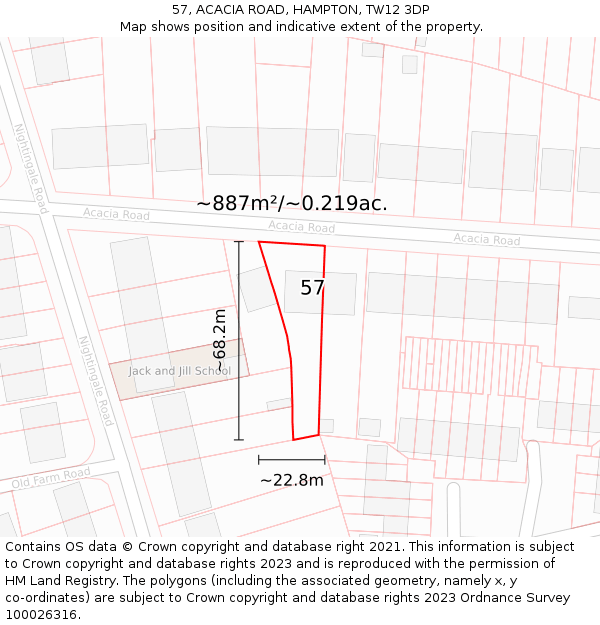 57, ACACIA ROAD, HAMPTON, TW12 3DP: Plot and title map