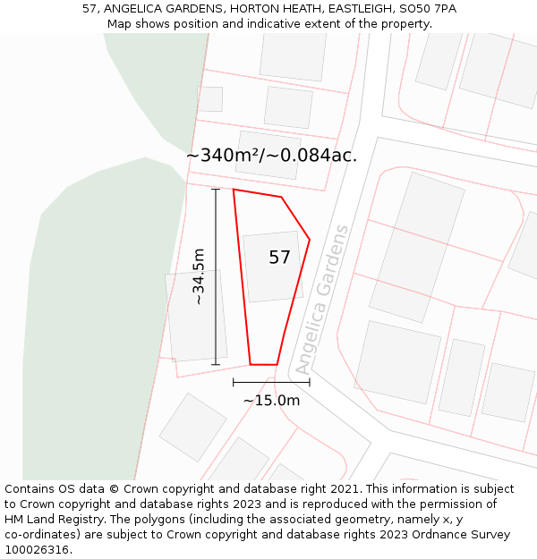 57, ANGELICA GARDENS, HORTON HEATH, EASTLEIGH, SO50 7PA: Plot and title map