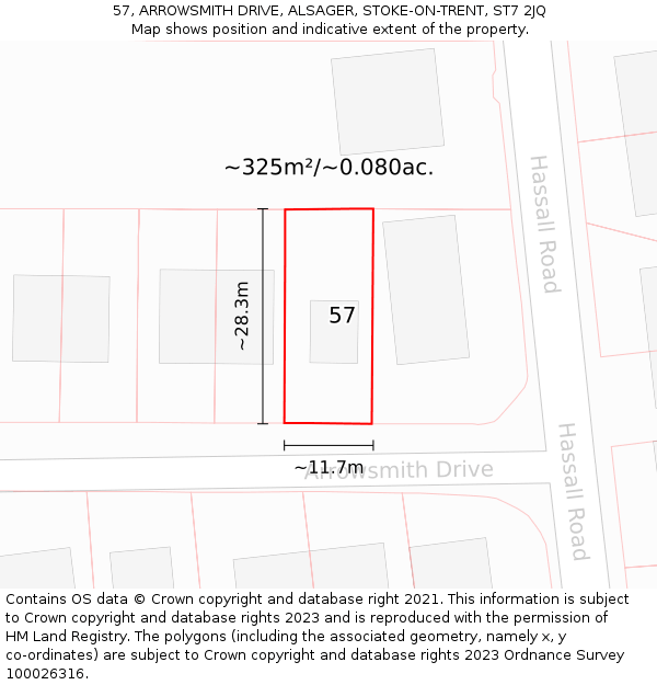 57, ARROWSMITH DRIVE, ALSAGER, STOKE-ON-TRENT, ST7 2JQ: Plot and title map