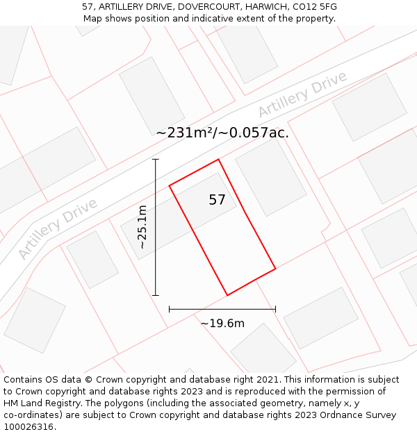 57, ARTILLERY DRIVE, DOVERCOURT, HARWICH, CO12 5FG: Plot and title map