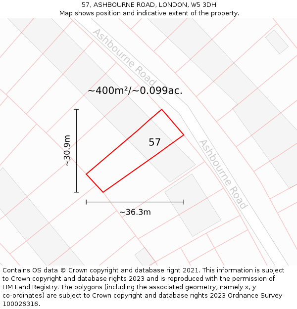 57, ASHBOURNE ROAD, LONDON, W5 3DH: Plot and title map