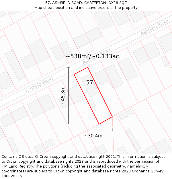 57, ASHFIELD ROAD, CARTERTON, OX18 3QZ: Plot and title map