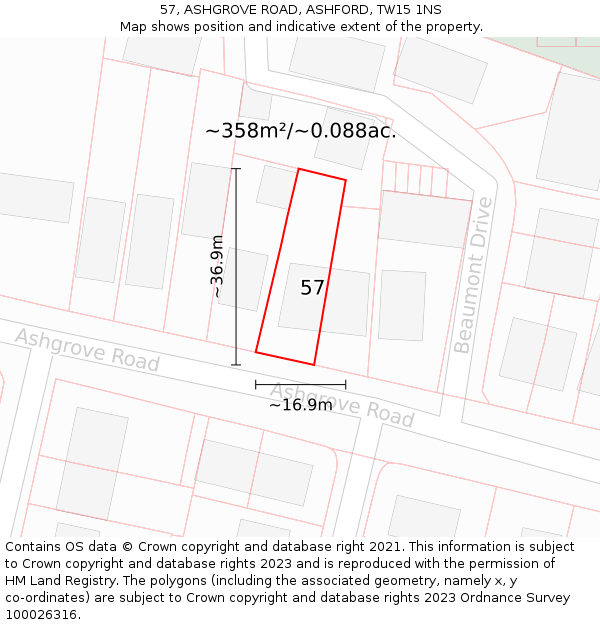 57, ASHGROVE ROAD, ASHFORD, TW15 1NS: Plot and title map