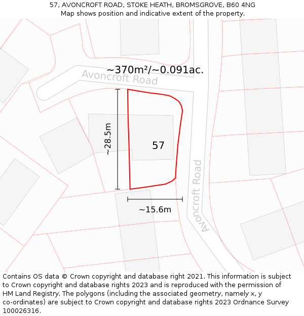 57, AVONCROFT ROAD, STOKE HEATH, BROMSGROVE, B60 4NG: Plot and title map