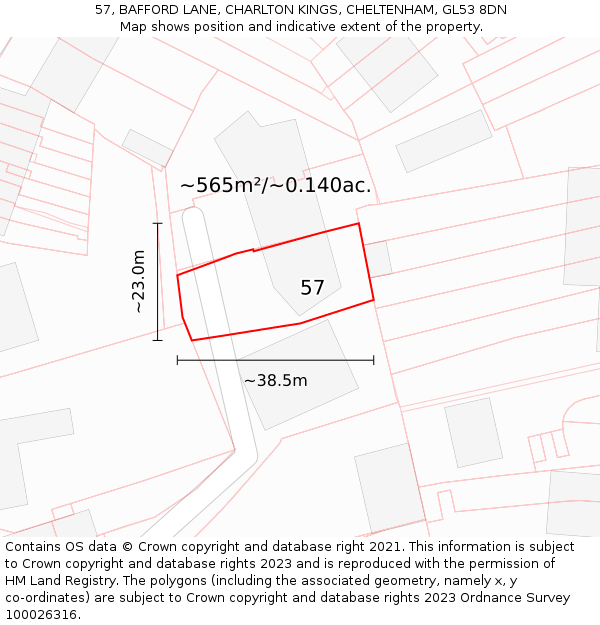 57, BAFFORD LANE, CHARLTON KINGS, CHELTENHAM, GL53 8DN: Plot and title map