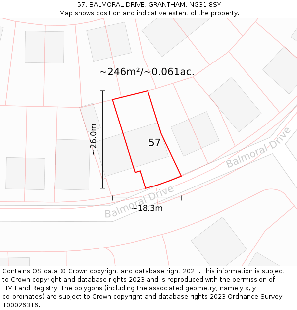 57, BALMORAL DRIVE, GRANTHAM, NG31 8SY: Plot and title map