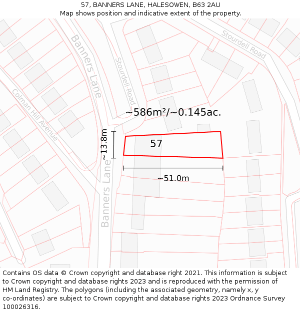 57, BANNERS LANE, HALESOWEN, B63 2AU: Plot and title map