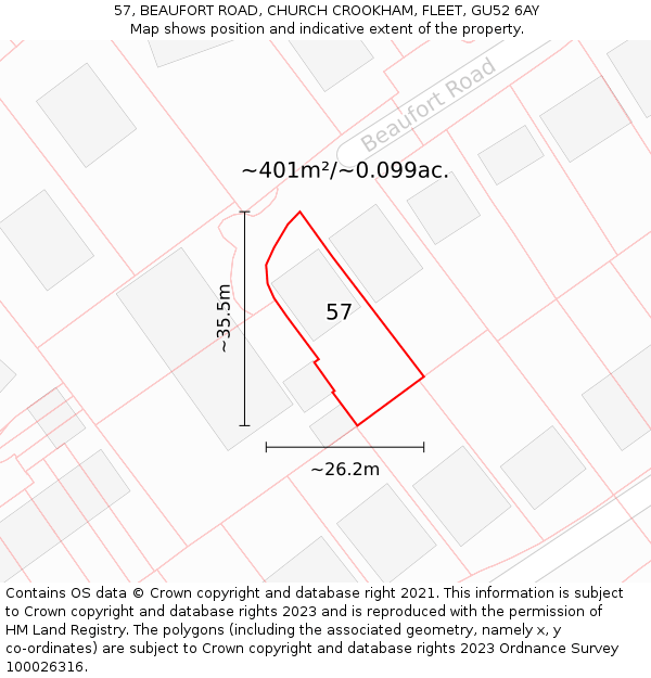 57, BEAUFORT ROAD, CHURCH CROOKHAM, FLEET, GU52 6AY: Plot and title map