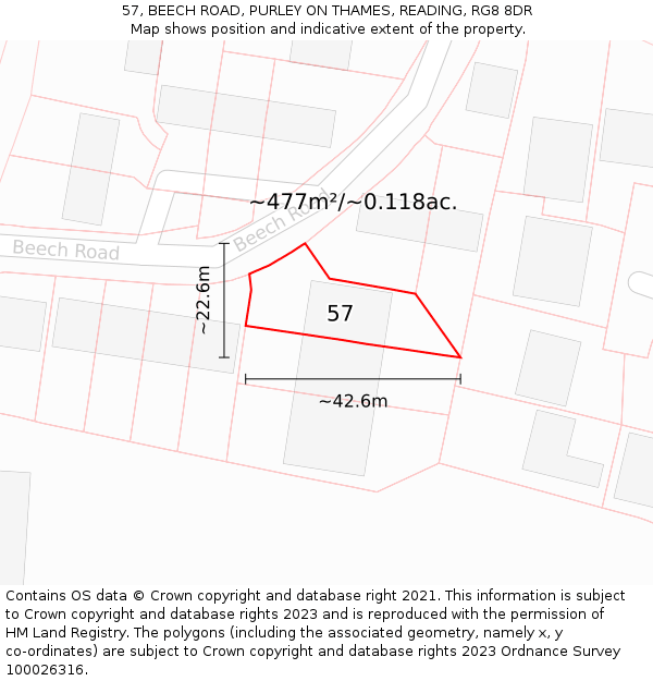 57, BEECH ROAD, PURLEY ON THAMES, READING, RG8 8DR: Plot and title map