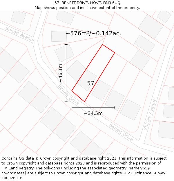 57, BENETT DRIVE, HOVE, BN3 6UQ: Plot and title map