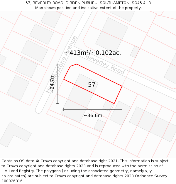 57, BEVERLEY ROAD, DIBDEN PURLIEU, SOUTHAMPTON, SO45 4HR: Plot and title map