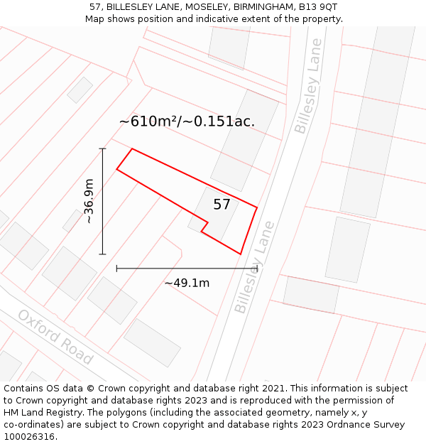 57, BILLESLEY LANE, MOSELEY, BIRMINGHAM, B13 9QT: Plot and title map