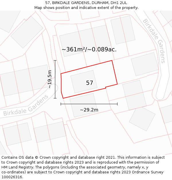 57, BIRKDALE GARDENS, DURHAM, DH1 2UL: Plot and title map