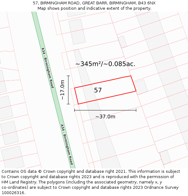 57, BIRMINGHAM ROAD, GREAT BARR, BIRMINGHAM, B43 6NX: Plot and title map