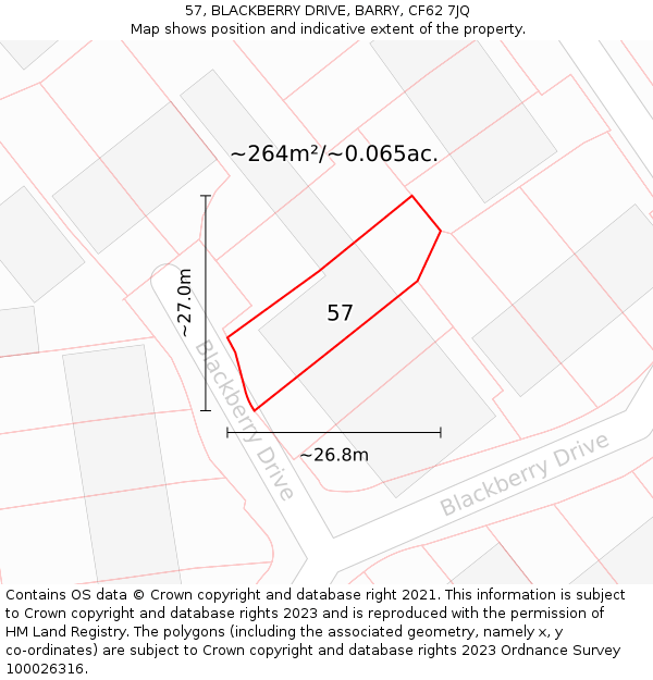 57, BLACKBERRY DRIVE, BARRY, CF62 7JQ: Plot and title map