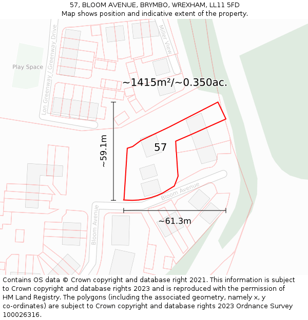 57, BLOOM AVENUE, BRYMBO, WREXHAM, LL11 5FD: Plot and title map