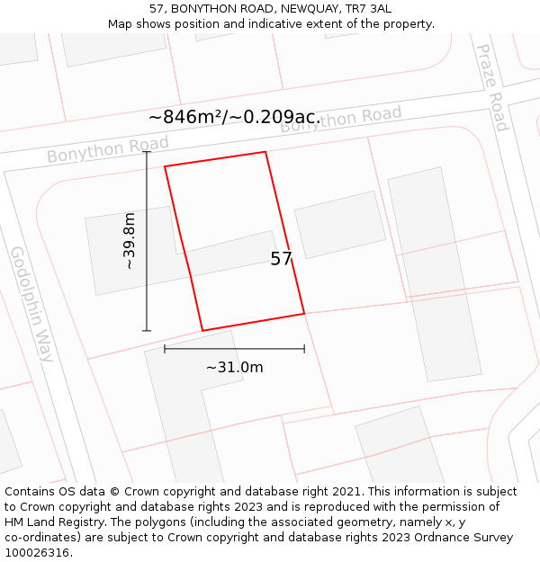 57, BONYTHON ROAD, NEWQUAY, TR7 3AL: Plot and title map