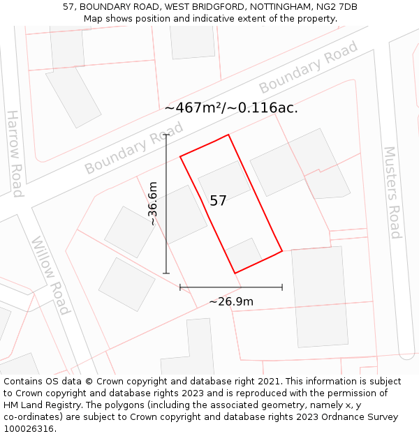 57, BOUNDARY ROAD, WEST BRIDGFORD, NOTTINGHAM, NG2 7DB: Plot and title map