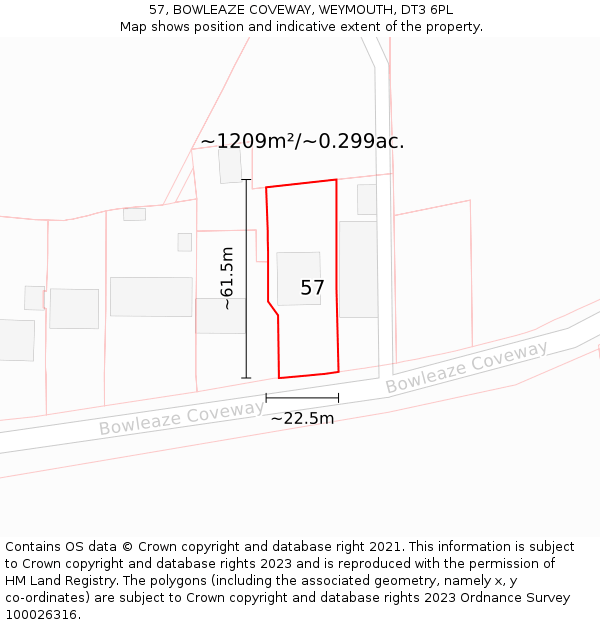 57, BOWLEAZE COVEWAY, WEYMOUTH, DT3 6PL: Plot and title map