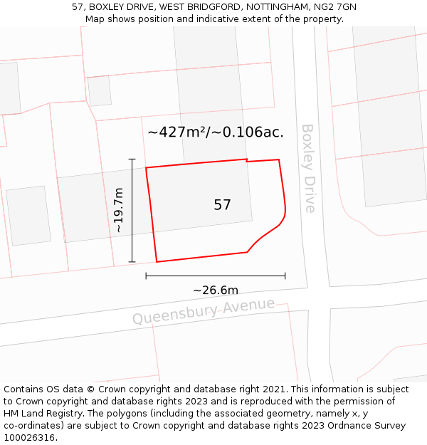 57, BOXLEY DRIVE, WEST BRIDGFORD, NOTTINGHAM, NG2 7GN: Plot and title map