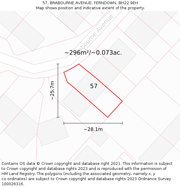 57, BRABOURNE AVENUE, FERNDOWN, BH22 9EH: Plot and title map