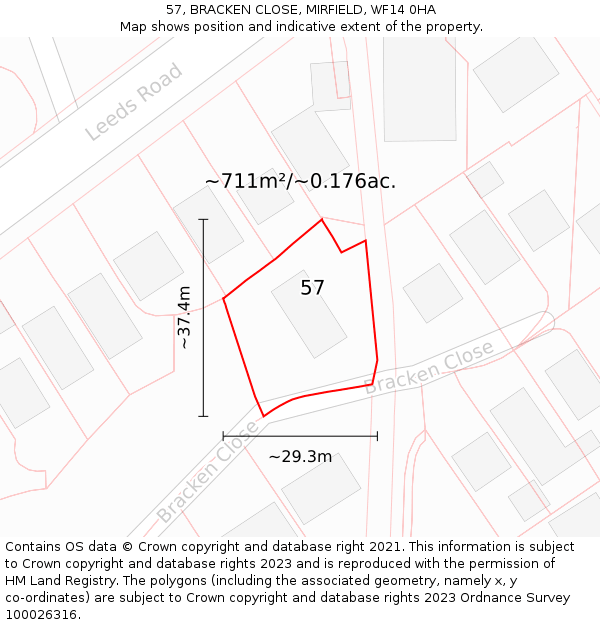 57, BRACKEN CLOSE, MIRFIELD, WF14 0HA: Plot and title map