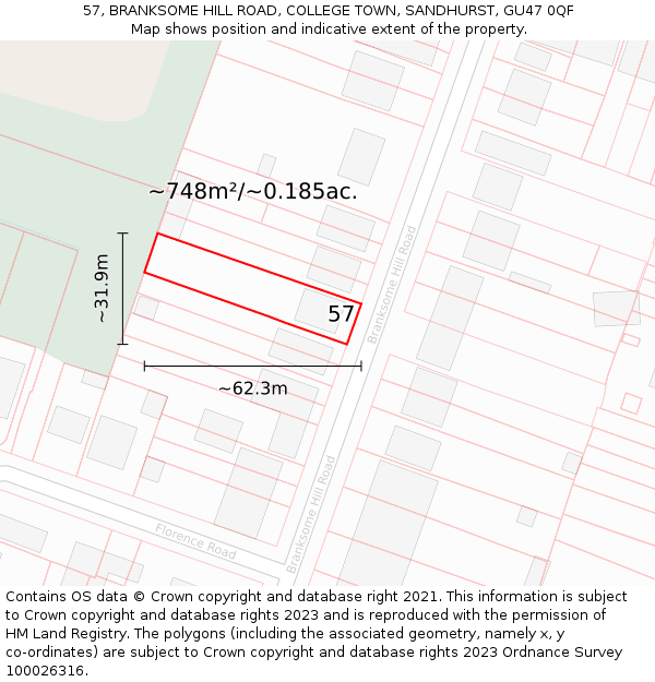 57, BRANKSOME HILL ROAD, COLLEGE TOWN, SANDHURST, GU47 0QF: Plot and title map