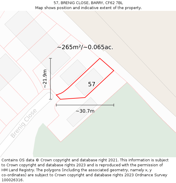 57, BRENIG CLOSE, BARRY, CF62 7BL: Plot and title map